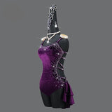 Purple Velvet  Latin Dance Competition Bustle Dress Line Skirts Stage Costume
