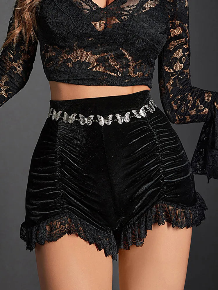Black Velvet Ruched Short Shorts