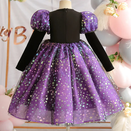 Purple Witch Girls Halloween Costume Star Tulle Party Dresses with Props