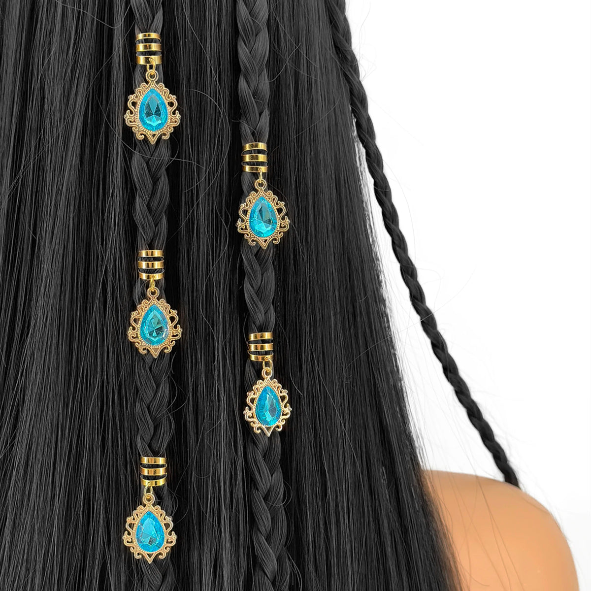5pcs Braid Clips Filigree Alloy Inlaid Rhinestone Teardrop Pendant Hair Accessories