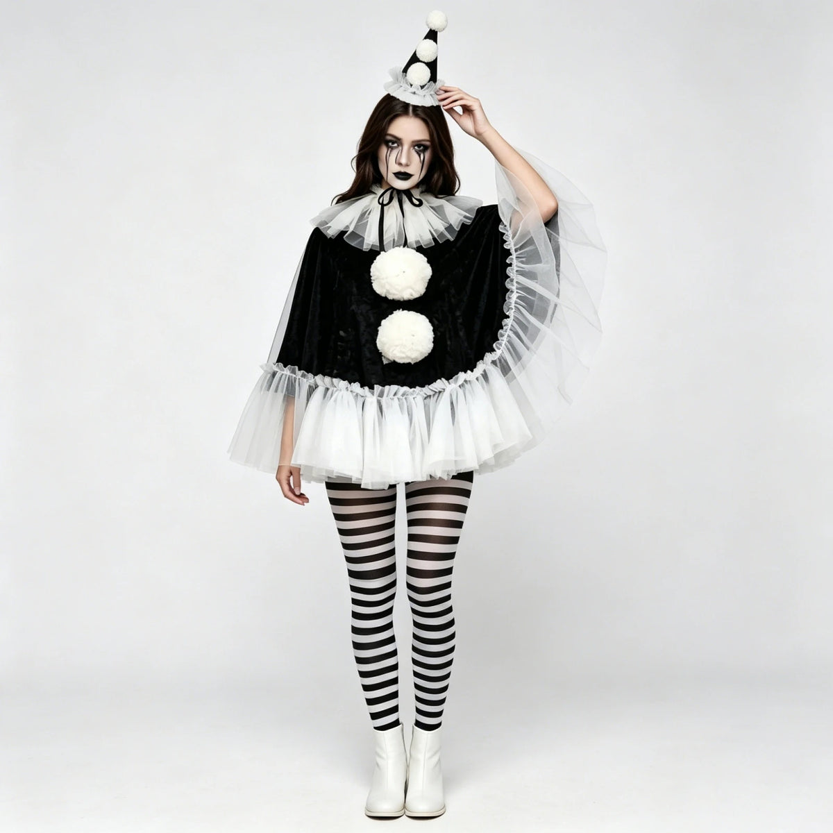 Women Pierrot Clown Costume 3Pcs Halloween Clown Cosplay Set