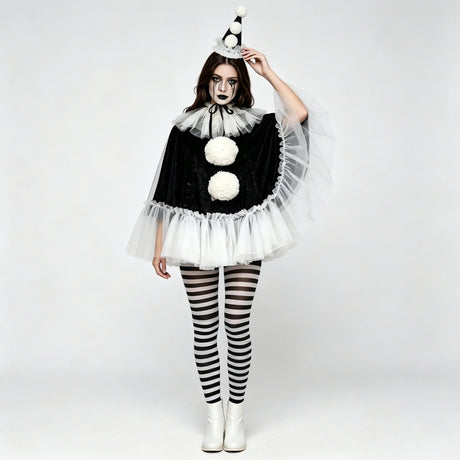 Women Pierrot Clown Costume 3Pcs Halloween Clown Cosplay Set