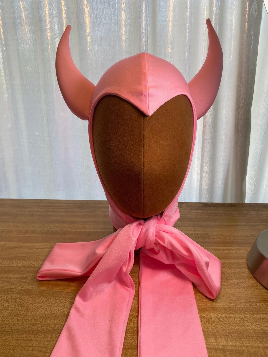 Vintage Horned Devil Red/Black Satin Bonnet Hood Headpiece Halloween Costume Party