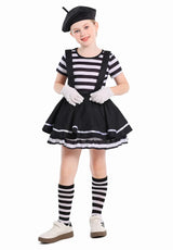 French Mime Pantomime Actor Clown Halloween Girls Stage Performance Costume Outfits Top+Strappy skirt+Hat+Gloves