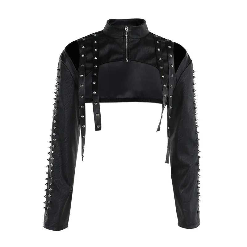 Women's Punk Crop Jacket PU Leather Cosplay Jacket Rivet Strap Gothic Streetwear Top