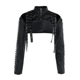 Women's Punk Crop Jacket PU Leather Cosplay Jacket Rivet Strap Gothic Streetwear Top
