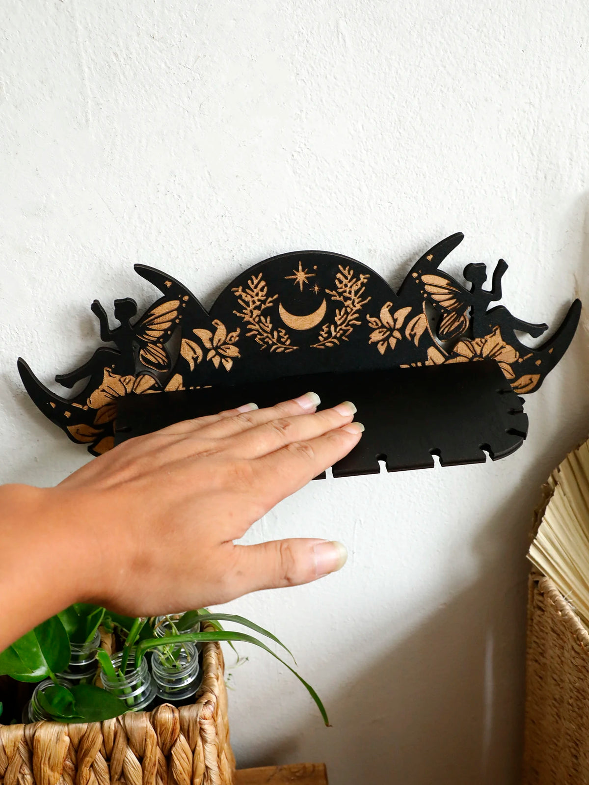 Moon Fairy Flowers Wooden Crystal Floating Shelf Jewellery Display