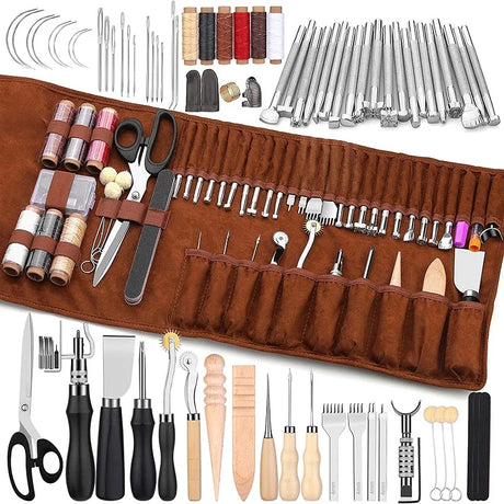 Leather Craft Tools Kit with Carving Tools for Cutting Punching Sewing Carving Stamping