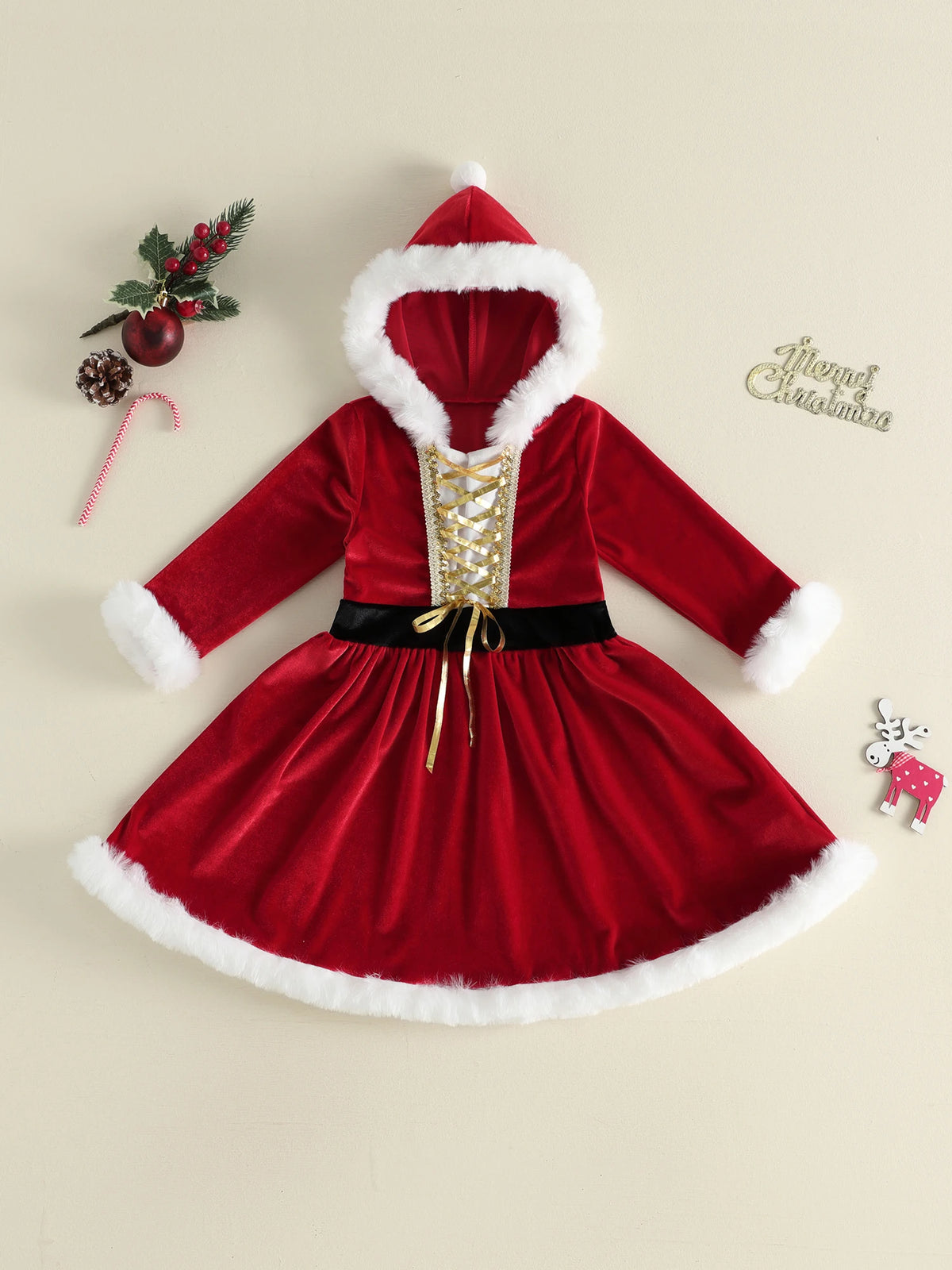 Girl Christmas Hood Dress 1-6Y Toddler Long Sleeves Cross Tie Winter Party Dress
