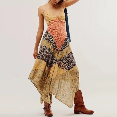 Estrella's Asymmetrical Patchwork Scarf Dress Backless Tie-Up Summer Dress
