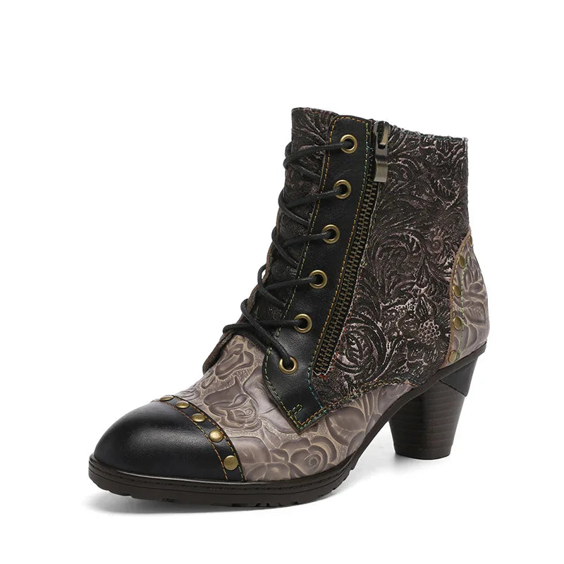 Aggy's Vintage Floral Genuine Leather Patchwork Rivet Handmade Heeled Ankle Boots Shoes