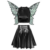 Festival Fairy Cosplay Costume Sleeveless Crop Top, High Waist Flared Skirt And Butterfly Wings Set