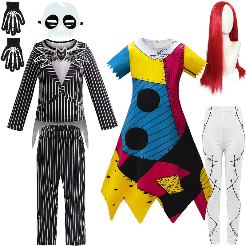Children's Halloween Cosplay Nightmare Before Christmas Costumes Kids Girls Sally Dress Boys Skeleton Jack Clothing Set