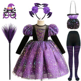 Purple Witch Girls Halloween Costume Star Tulle Party Dresses with Props