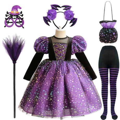 Purple Witch Girls Halloween Costume Star Tulle Party Dresses with Props