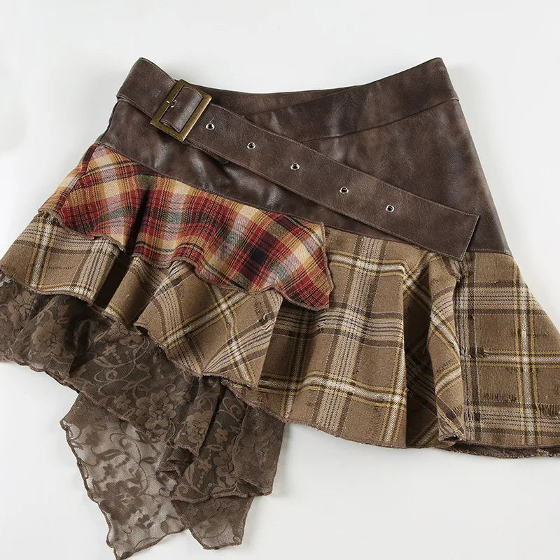 Goblincore Grunge Irregular Spliced Lace Plaid Skirt