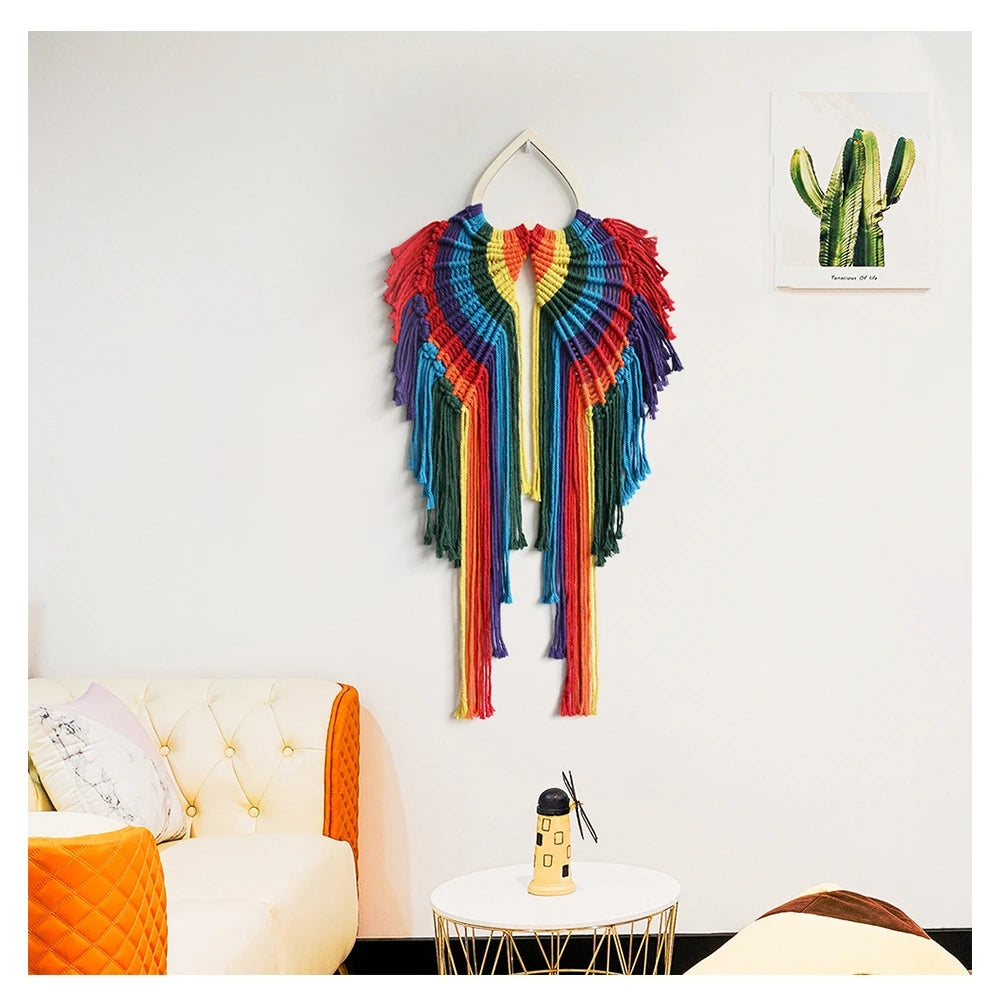 Rainbow Macrame Wings Colourful Angel Handwoven Tapestry Wall Hanging for Home Decor