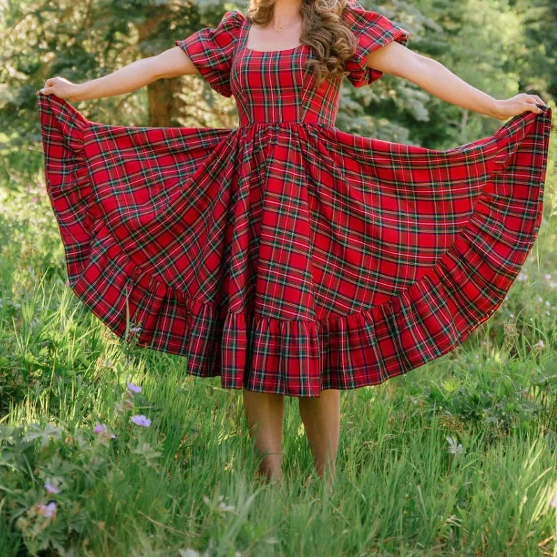 Christmas Plaid Smocked Summer Ruffle Dress