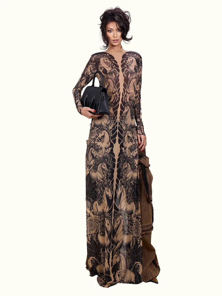 Wild Horses Full Sleeve Long Bodycon Dress Stretch