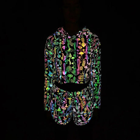 Reflective Mushroom Print Shorts Cropped Hoodie