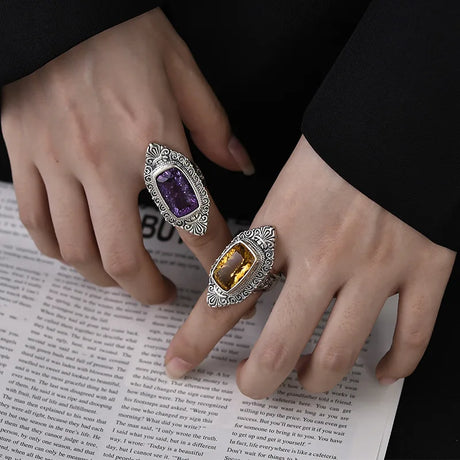 The Gypsy's Lantern S925 Sterling Silver Rings Natural Amethyst Yellow Crystal