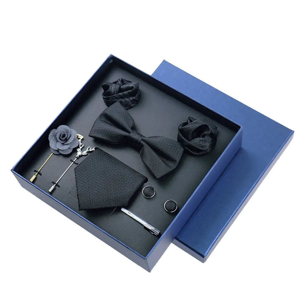 Men's 8pcs Tie Set Wedding Cravat Silk Bowtie Pocket Square Cufflinks Brooch Box Set Gifts For Men