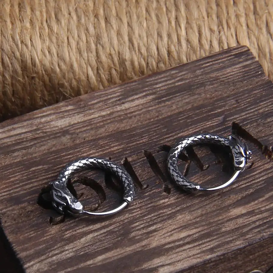 Viking Dragon Head Huggie Stainless Steel Men Hoop Earrings with Wooden Box