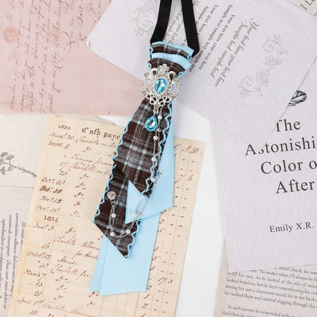 Dark Academia Jabot Plaid Short Necktie Rhinestone Brooch Pearl Chain