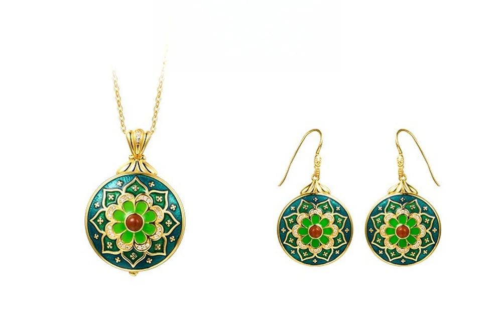Green Lotus S925 Sterling Silver Locket Pendant Earrings Cloisonne Enamel