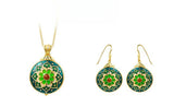 Green Lotus S925 Sterling Silver Locket Pendant Earrings Cloisonne Enamel