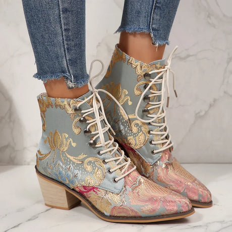 Purple and Golden Marie Antoinette Handmade Embroidered Ankle Boots