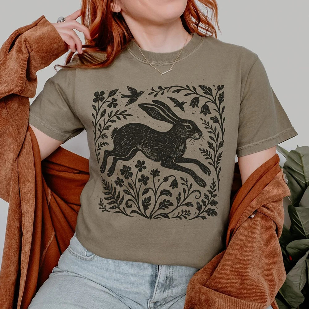 Wild Hare Linoprint T-Shirt Folk Art Forest Animal Naturecore Tee