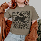 Wild Hare Linoprint T-Shirt Folk Art Forest Animal Naturecore Tee