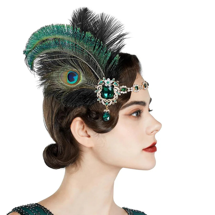 1920s Flapper Peacock Feather Headband Roaring 20s Great Gatsby Hair Accessories