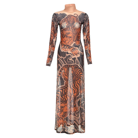 Tiger Print Mesh Dress Long Top Waist High Splits High Elasticity