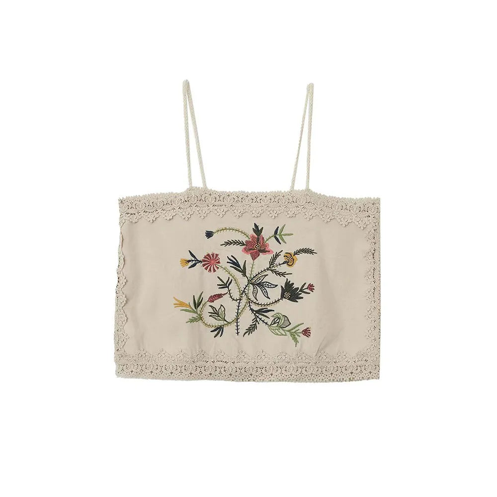 Terra's Boho Summer Cotton Linen Short Sets Camis Top Floral Folk Style Embroidery