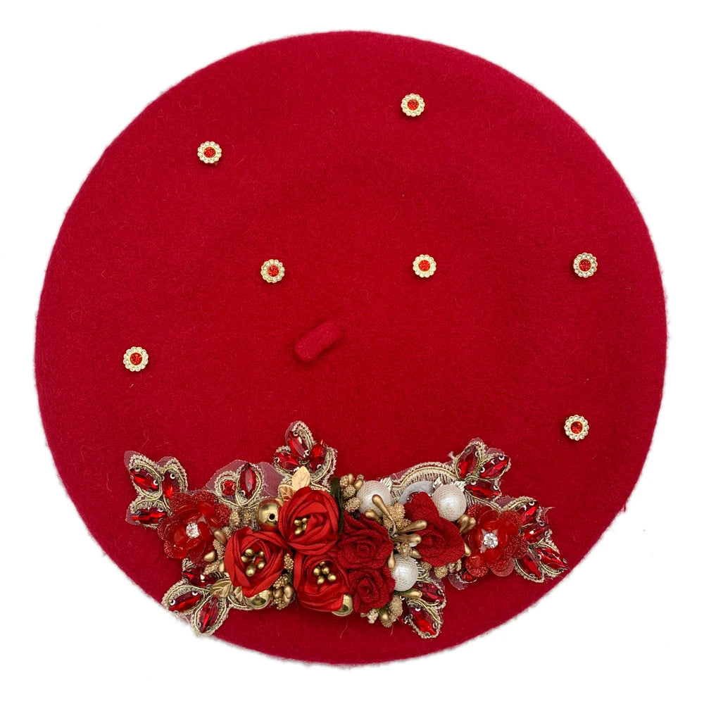 Margie's Flower Diamonte Winter Autumn Beret 10 Colours
