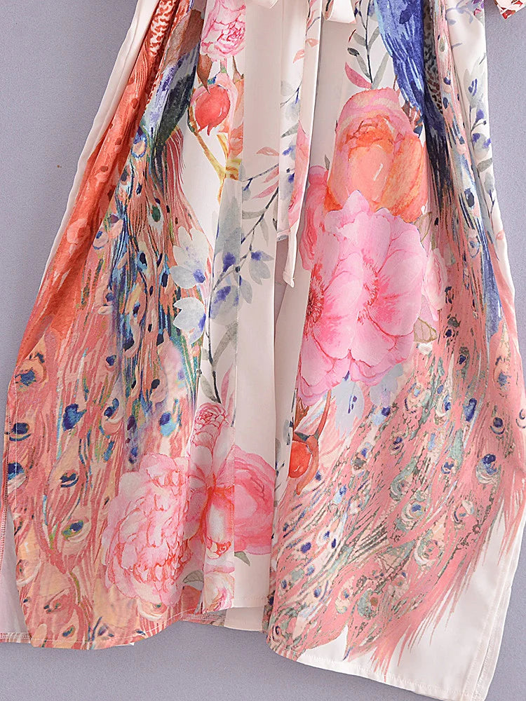 Peacock Floral Print Boho Kimono Cover-ups