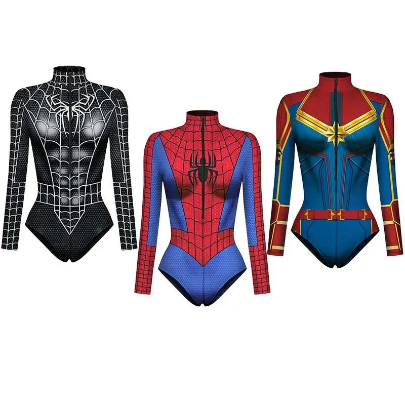 Spiderman Captain America Superhero Printed Long Sleeve Swimwear One-piece Surfing Swimsuit