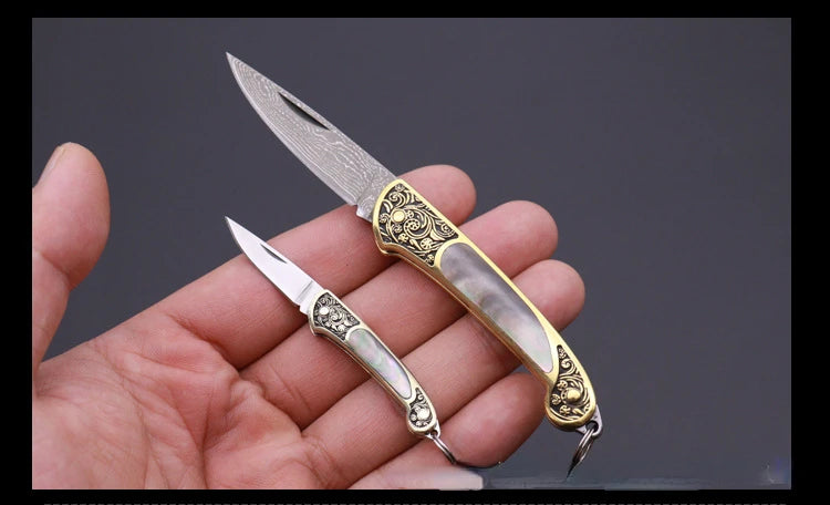 Principessa Pesca Handmade Shell Inlaid Folding Knife High Quality Sharp Brass Portable Keychain Mini Knife