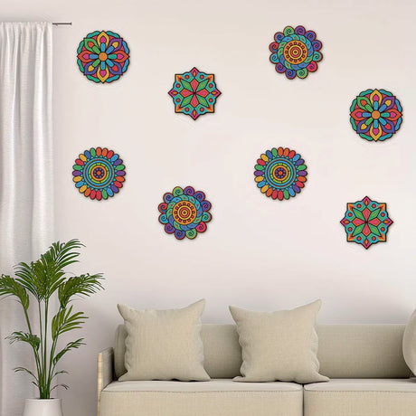 8Pcs Mandala Flower Wooden Shapes Set Unfinished Wood Wall Art DIY Craft
