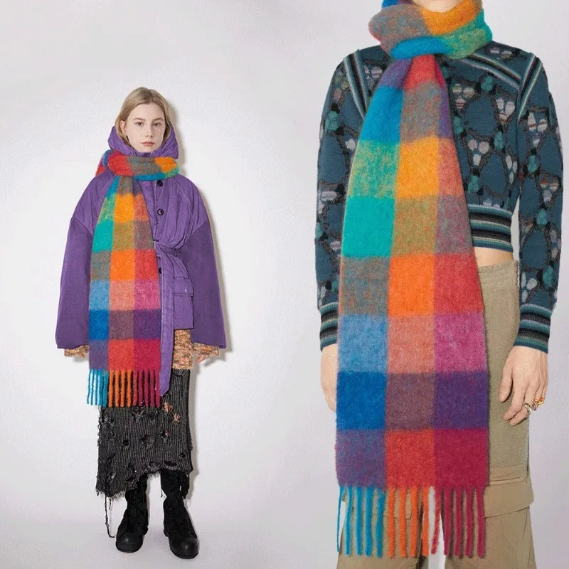 Colour Blocks Autumn Winter Plaid Scarves Imitation Cashmere Mohair