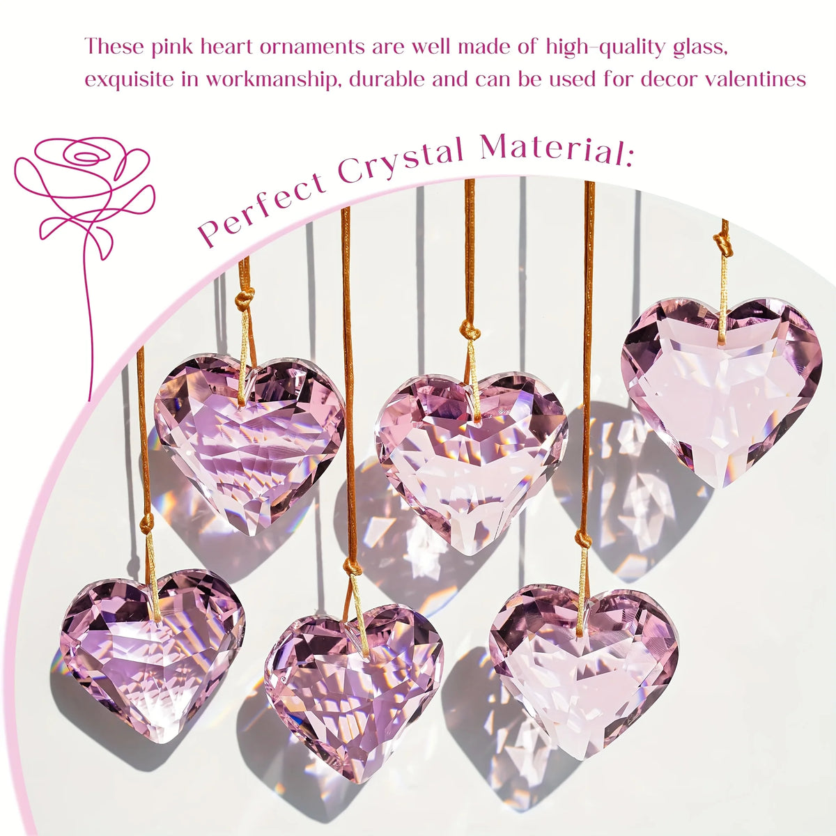 Set of Six Pink Heart-Shaped Crystal Hanging Ornaments