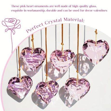 Set of Six Pink Heart-Shaped Crystal Hanging Ornaments