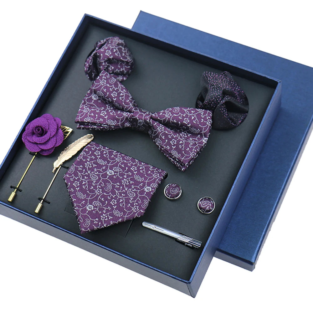 Men's 8pcs Tie Set Wedding Cravat Silk Bowtie Pocket Square Cufflinks Brooch Box Set Gifts For Men