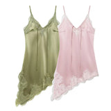 Y2k Asymmetrical Spliced Lace Satin Slip Long Camisole Top Layering Dress Side Slit Hem