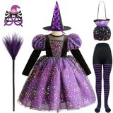 Purple Witch Girls Halloween Costume Star Tulle Party Dresses with Props
