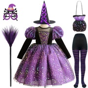Purple Witch Girls Halloween Costume Star Tulle Party Dresses with Props