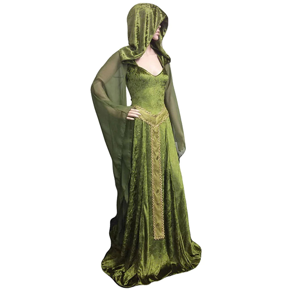 Mysterious Medieval Lady Cosplay Green Black Hooded Gown Renaissance Costume