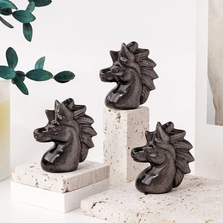 1PC Natural Silvery Obsidian Little Horse Head Crystal Statue
